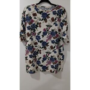 Vintage Simply Basic Floral Waffle Knit Top Cream Blue Short Sleeve Small y2k